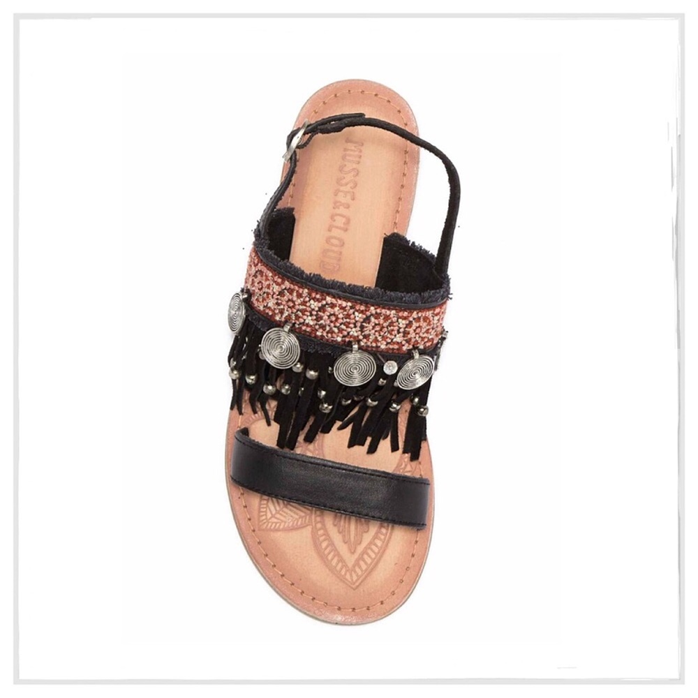 Black Leather Fringe Sling Back Boho Sandals - Picture 5 of 5
